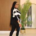 Vssjavun Women 2 Piece Outfit Color Block Long Sleeve Zip Drawstring Cropped Jacket Bodycon Long Pants Set Sweatsuit (Black, L)