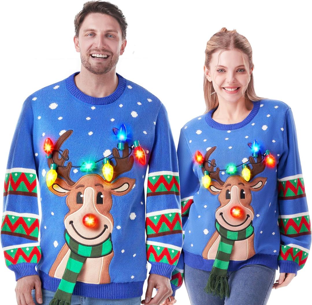 JOYIN Ugly Christmas Sweater Women Men Couples, LED Light Up Ugly Christmas Sweater Kids 2025 Reindeer(Blue) XL