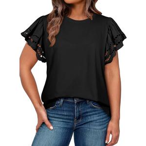 Womens Plus Size Tops Short Sleeve Round Neck Hollow Out Casual Loose Tunic Tees Shirts M 