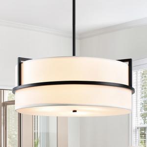 16'' Black Drum Chandelier, 3-Light Modern Chandelier with White Fabric Shade, Adjustable Height Pendant Lighting, Ceiling Light Fixture for Dining Room, Kitchen Island, Living Room, Bedroom