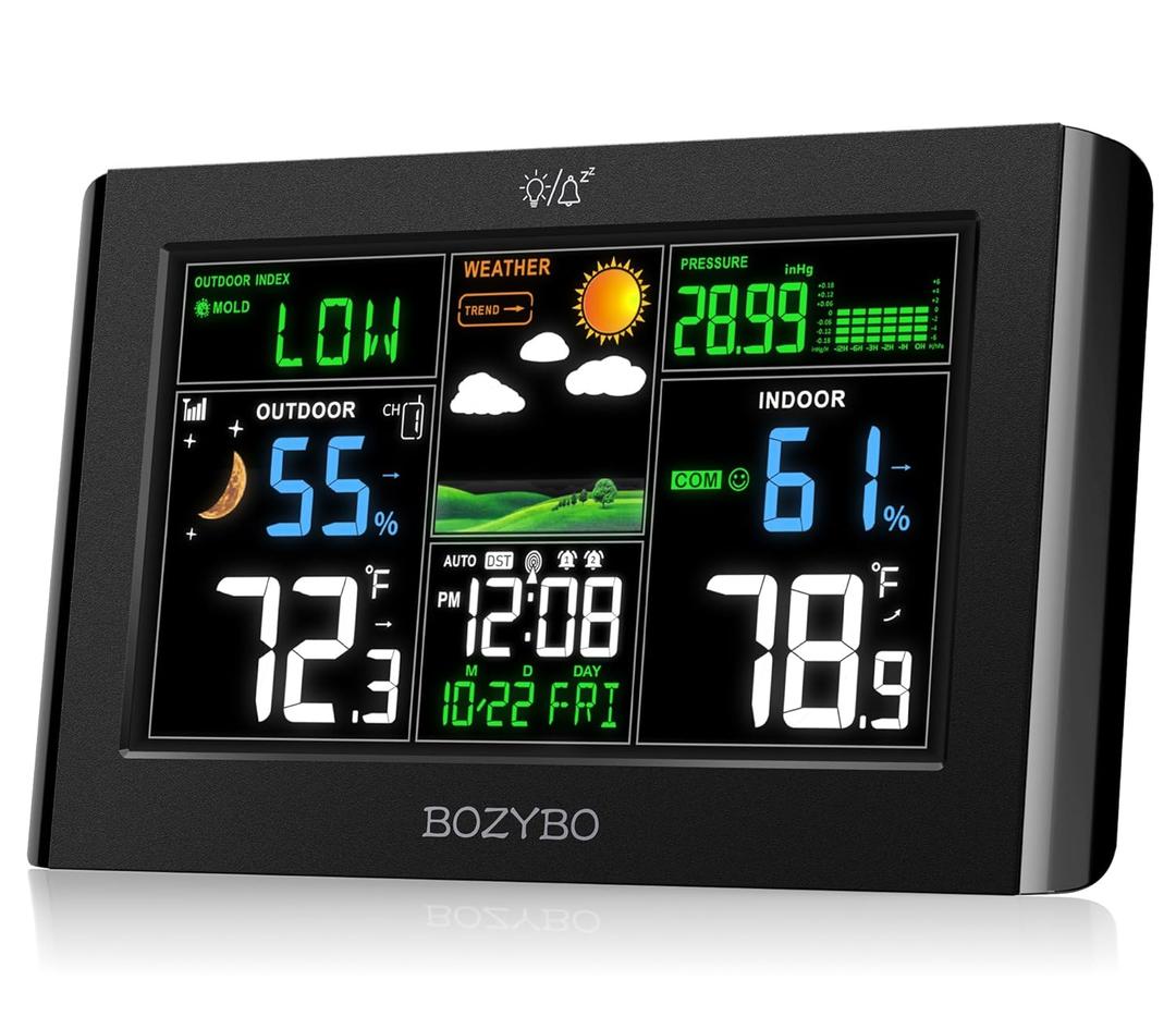 Weather Station Wireless Indoor Outdoor Thermometer: BOZYBO Digital Atomic Clock with Indoor/Outdoor Temp, Temperature Gauge Weather Clock with Calendar and Adjustable Backlight