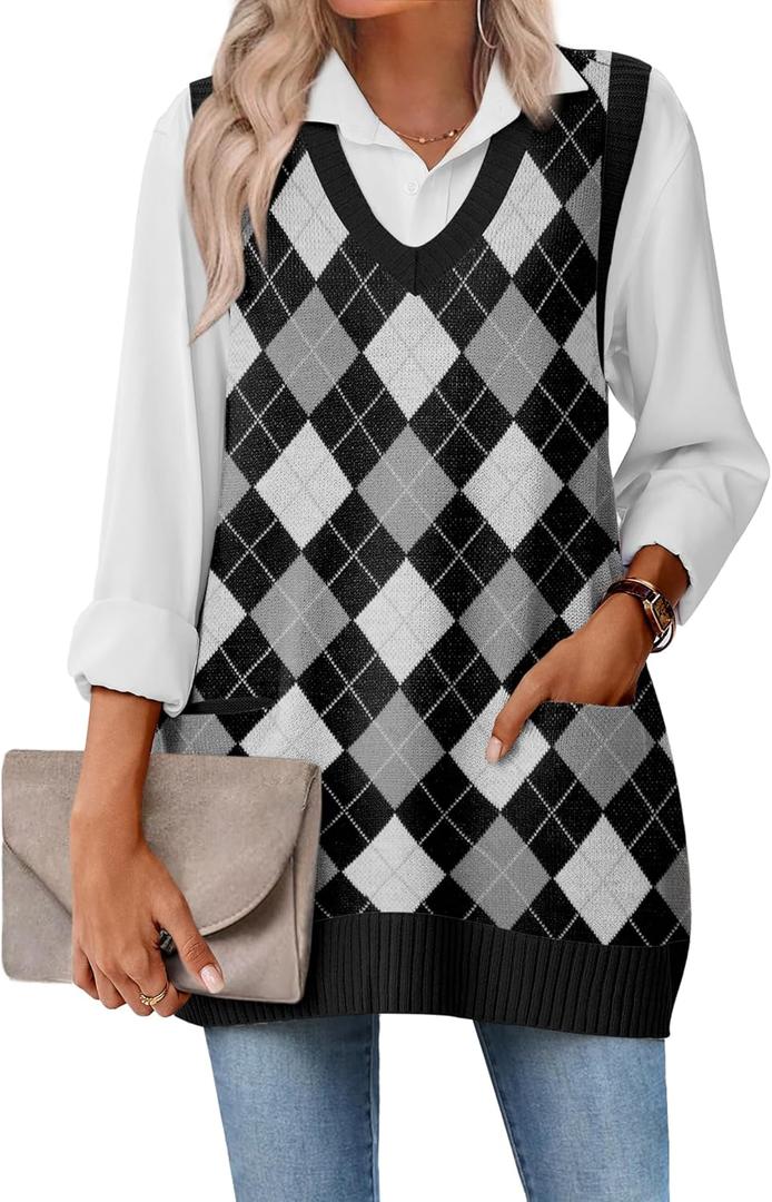 Zeagoo Women's Sweater Vest 2026 Oversized Sleeveless V Neck Pullovers with Pocket Knitted Fall Outfits (Black Argyle) Size S