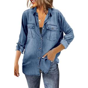 Runcati Womens Button Down Denim Shirt Long Sleeve Roll Up Casual Oversized Jean Shirt Jacket Distressed Tunic Tops Size L