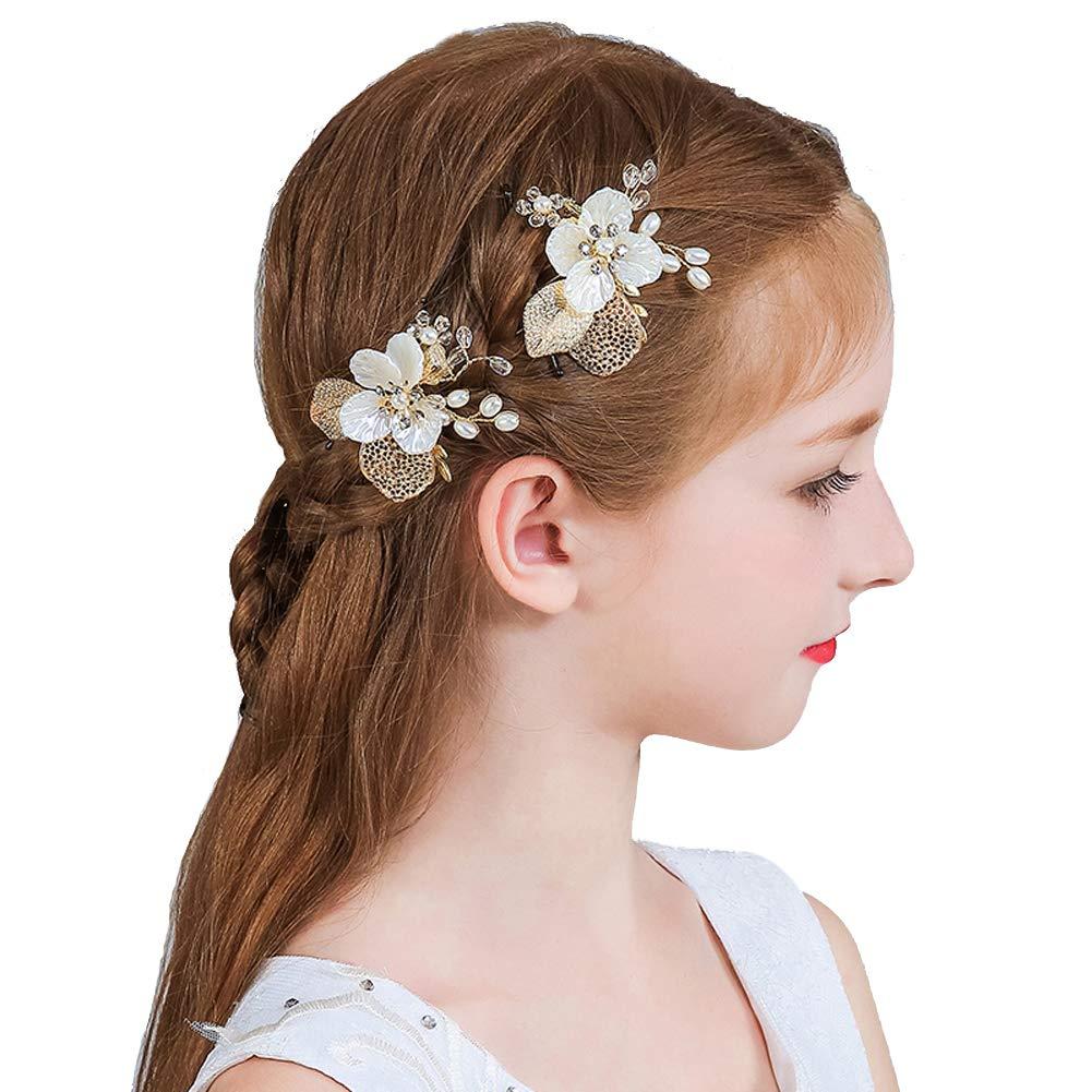 Wedding Flower Girl Hair Pins Bride Pearl Hair Piece Crystals Hair Clips Bridal Hair Accessories for Women and Girls Pack of 2 (Gold)