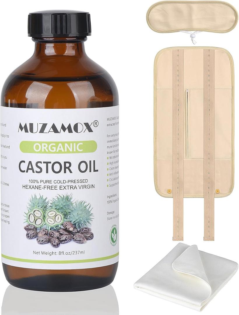 Castor Oil Pack Wrap & 8fl.oz Glass Bottle Set, Organic Cold-Pressed Unrefined Castor Oil Included