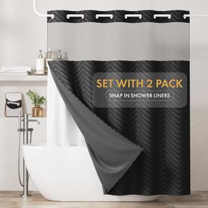 Bathway No Hook Shower Curtain and 2 Pack Removable Liner Set for Replacement, Black Snap in Shower Curtains Chevron Tufted Water Resistant with Through Mesh Top Window for Bathroom Hotel 72" x 84"