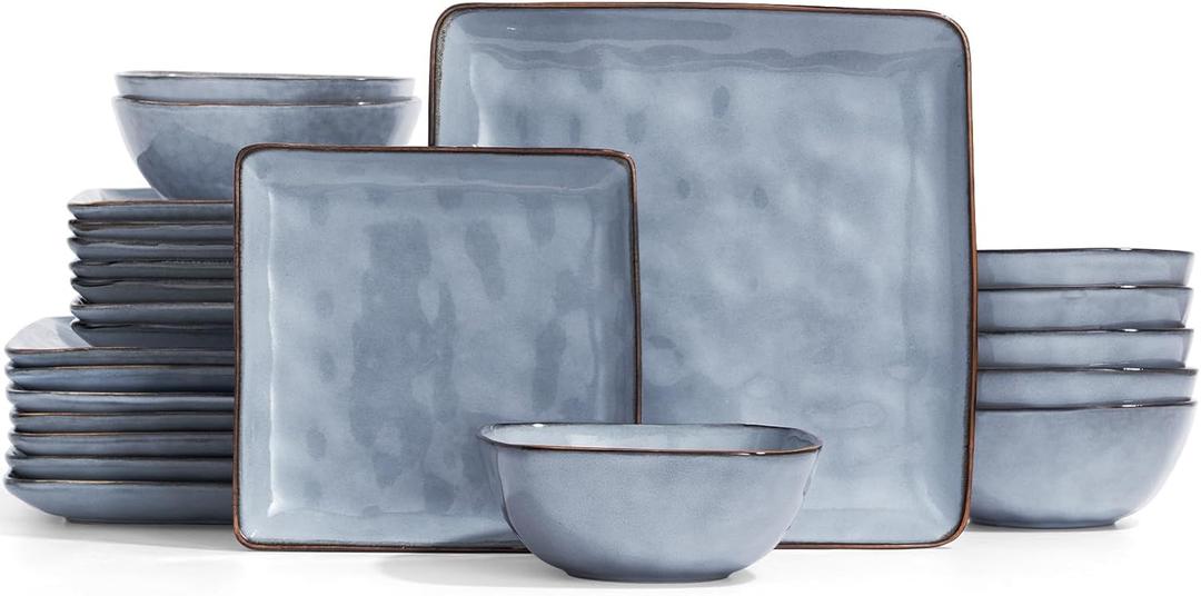Famiware Dinnerware Sets for 8, Ocean Square 24-Piece Kitchen Plates and Bowls Sets, Microwave and Dishwasher Safe, Scratch Resistant, Blue