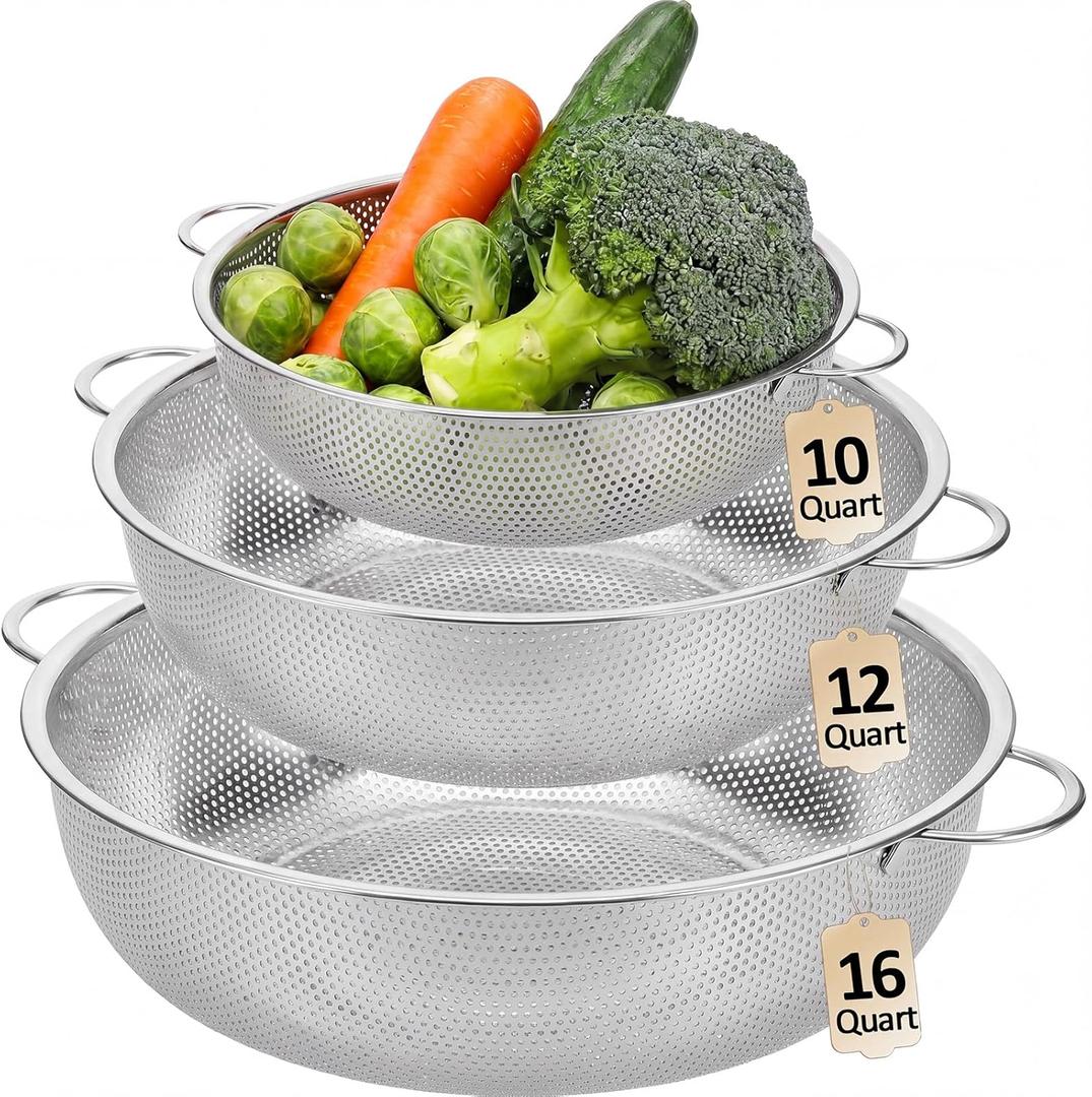 Gisafai 3 Pcs 10/12/16 Quart Stainless Steel Colander Set for Kitchen Micro Perforated Exlarge Metal Pasta Strainer with Handles Metal Mesh Strainer Net Basket Self Draining Solid Base for Pasta
