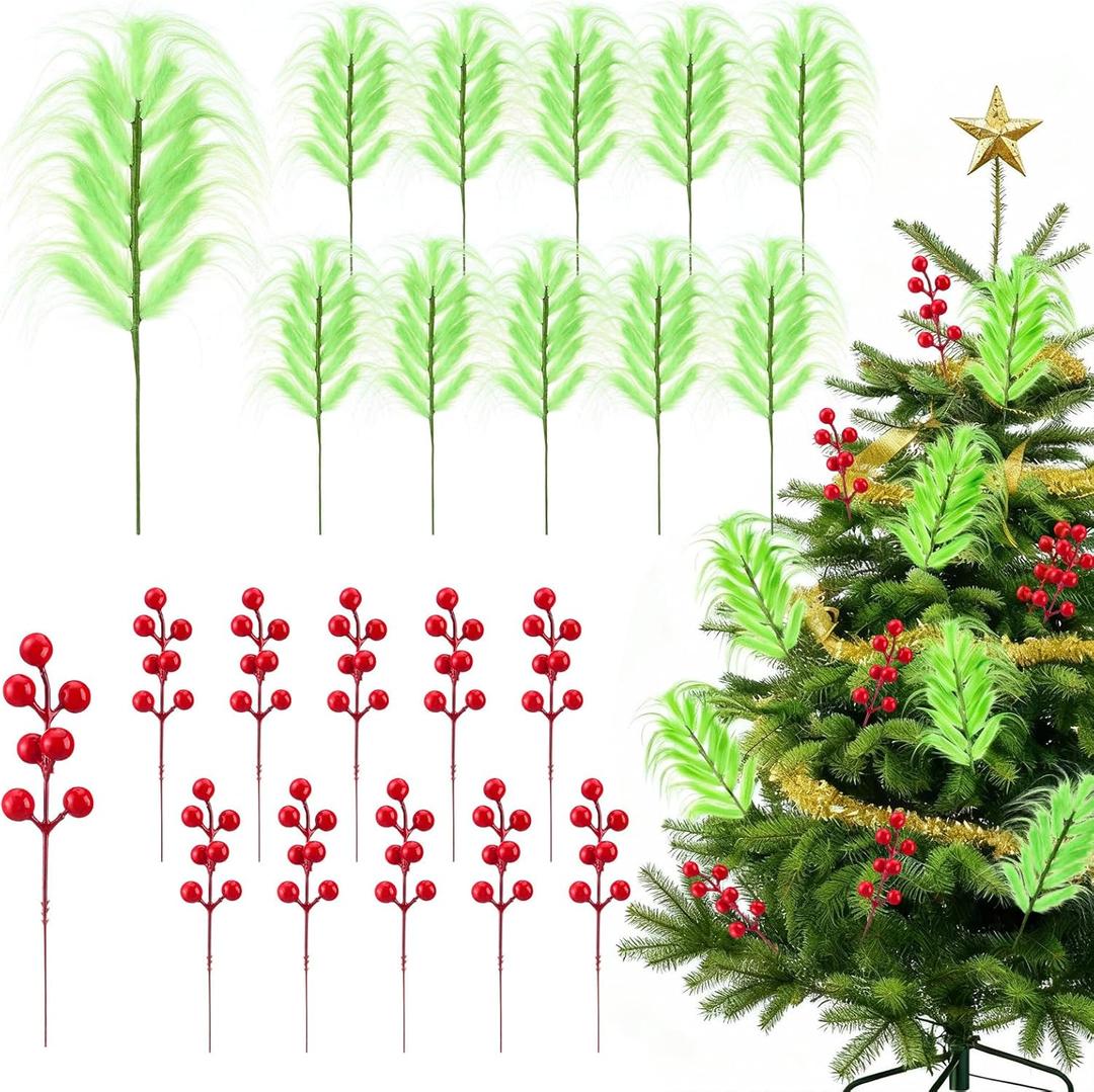 20 Pcs Christmas Tree Topper 14.9'' Lime Green Furry Tree Picks 7'' Red Berry Stems Christmas Ornament for Xmas Topper Wreath Vase Filler Home Decorations Supply Gift