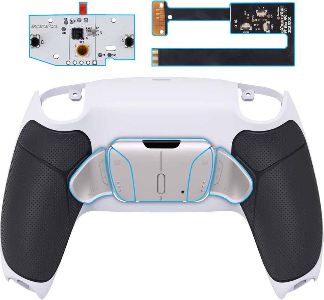 eXtremeRate Silver Real Metal Buttons (RMB) RISE4 Remap Kit for PS5 Controller BDM-010 020 with Black Rubberized Grip Redesigned White Back Shell, Upgrade Board and 4 Back Buttons for PS5 Controller