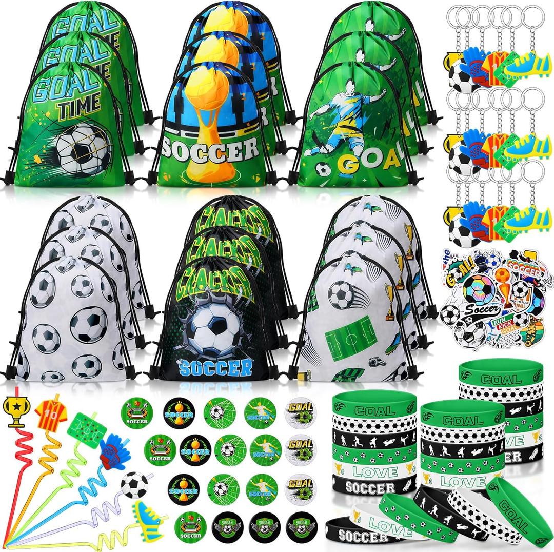 Sadnyy 140 Pcs Soccer Party Favors Football Birthday Party Decorations Supplies Drawstring Bags with Silicone Bracelets Keychains Straws Button Pins Stickers for Goodie Bags Stuffers