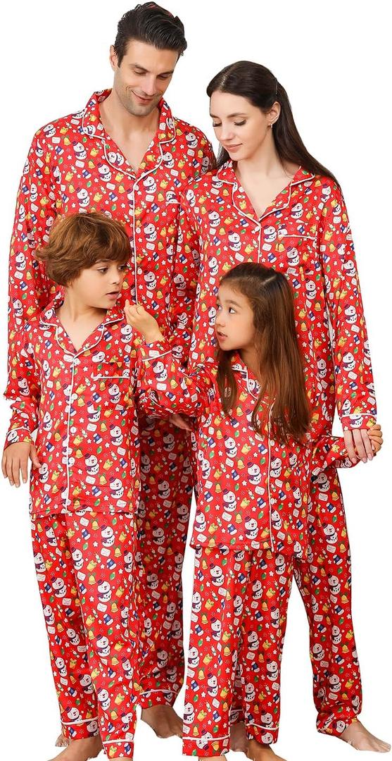 ANGELGGH Silk Christmas Pajamas for Family Matching Satin Holiday PJs Sets 2 Pcs Festival Party Button Down Sleepwear (Women, XL, Silk Red Snowman)