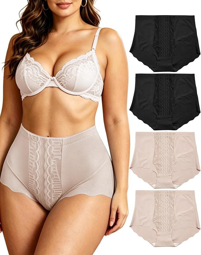 4Pack Women's High Waisted Underwear Moderate Tummy Control Shapewear Panties Stretch Lace Briefs for Women, Size: 4X-Large