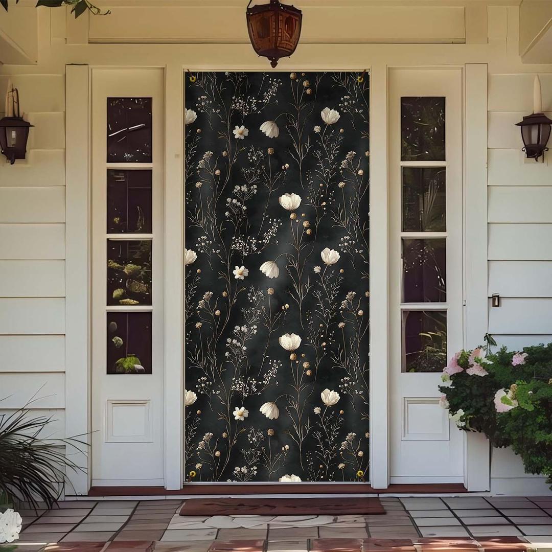 Dark Moody Floral Door Cover Decorations, Dark Cottagecore Flower Botanical Doorway Curtains Door Covers Banners Photography Background Backdrop for Indoor Outdoor Decor, 35*79 Inch