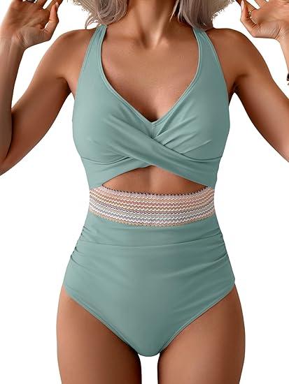 B2prity One Piece Swimsuit for Women Tummy Control V Neck Bathing Suit Color Block High Waisted Cutout Swimwear (Medium)