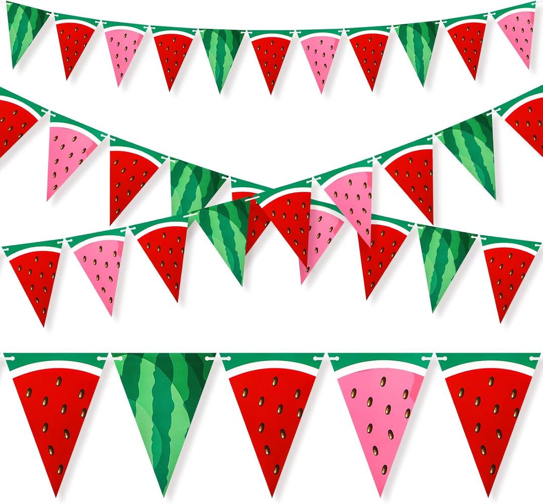 Tudomro 4 Pcs Watermelon Party Banner Triangle Paper Pennant Flag Banner Garland Decor for Watermelon Birthday Baby Shower Party Decoration (Red Pink Green)