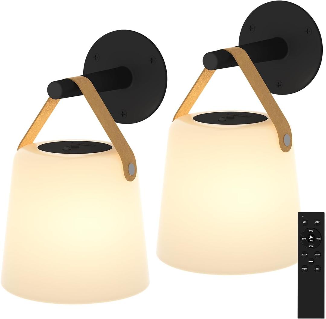 TACAHE Rechargeable Wall Sconce - Plastic Frosted Lampshade - 3 Color Temp & 5 Brightness - Remote Control - 5000 mAh Battery Operated - Cordless Wall Lamp for Camper, RV - Set of 2 (Black)