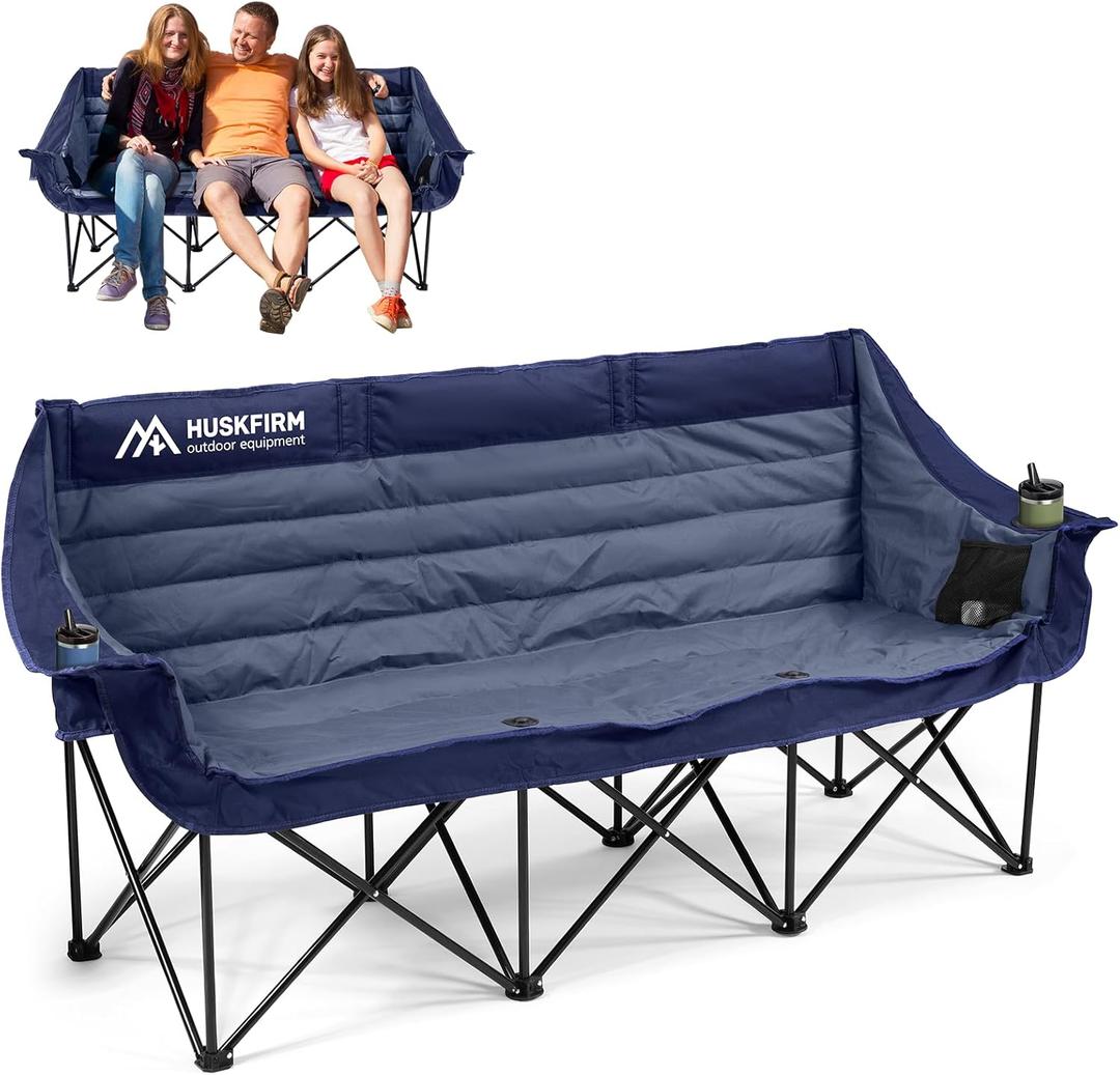 3 Person Camping Chairs Folding Double Camping Chair Portable Oversized Loveseat Padded Camp Chair Heavy Duty Camping Couch for Adults Outdoor Lawn with Two Cup Holders and Carry Bag Blue