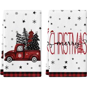 Christmas Hand Towel Set of 2, Red Truck Hand Towels, 18x26 Inch, Merry Christmas Tree Towel for Bathroom Home Kitchen, Soft Towel Red Buffalo Plaid Decoration, Winter Holiday Decor Towels