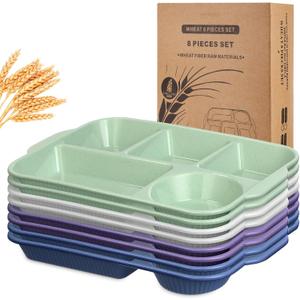 Pinkunn 8 Pcs 13'' Large Divided Plates Unbreakable Wheat Straw Dinnerware Lunch Trays Lightweight Reusable Plastic Compartment Microwave Dishwasher Safe Separator Plates(Classic)