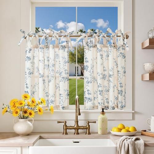 jinchan Floral Kitchen Curtains 24 Inch Linen Tier Curtains Farmhouse Cafe Half Window Drapes Over Sink Light Filtering Blue on Beige for Living Room Laundry Tie Top 2 Panels