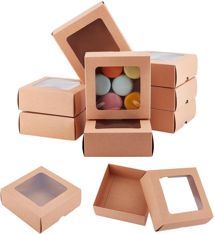 BENECREAT 10PCS Brown Kraft Paper Box with Clear Window, 5.12x5.12x1.97inch Square Kraft Paper Gift Box for Wedding Party Gifts, Festival Jewelry Packaging, Candy Storage