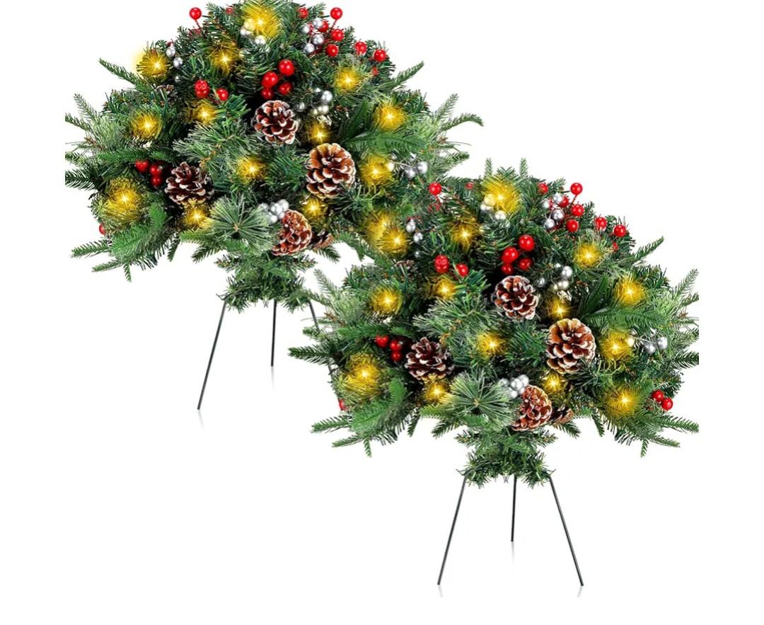 Liliful 2 Set Lighted Artificial Christmas Urn Filler 18 Inch, Pre Lit Artificial Christmas Outdoor Tree Battery Operated Light up Planter Filler Lighted Xmas Trees with LED Lights Timer (Classic)