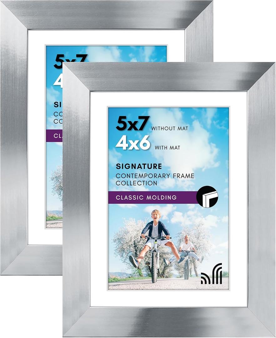 Americanflat 5x7 Picture Frame with Polished Clear Glass - Set of 2 - Use as 4x6 Frame with Mat or Display 5x7 Photo Without Mat - Signature Collection - Photo Frames for Tabletop or Wall - Silver
