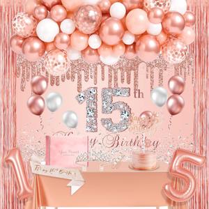 15th Birthday Decorations for Girls Rose Gold 15th Birthday Banner It's 15th Birthday Sash and Tiara Pink Gold 15th Balloons Tablecloth Cake Topper for Happy 15 years old Party Decor