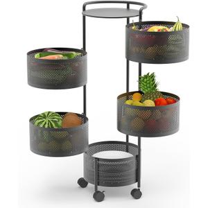 JAQ Rotating Fruit Basket, 5-Tier Metal Sturdy Kitchen Storage Rack Shelf Carts No Assembly on Rolling Wheels for Fruit Vegetable Grocery Corns Potato Onion (5-Tier, Black)