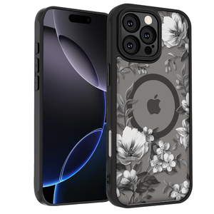 SobLn for iPhone 16 Pro Case, Black Floral Flower Pattern Case [Compatible with MagSafe] [Translucent Matte] Cute Slim Shockproof Protective Women Girls Phone Case 6.3", White Flower
