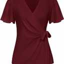 GRACE KARIN Women Deep V Neck Short Sleeve Sleeve Blouse Stretchy Dressy Tops Waist Wrap Peplum Top Burgundy L