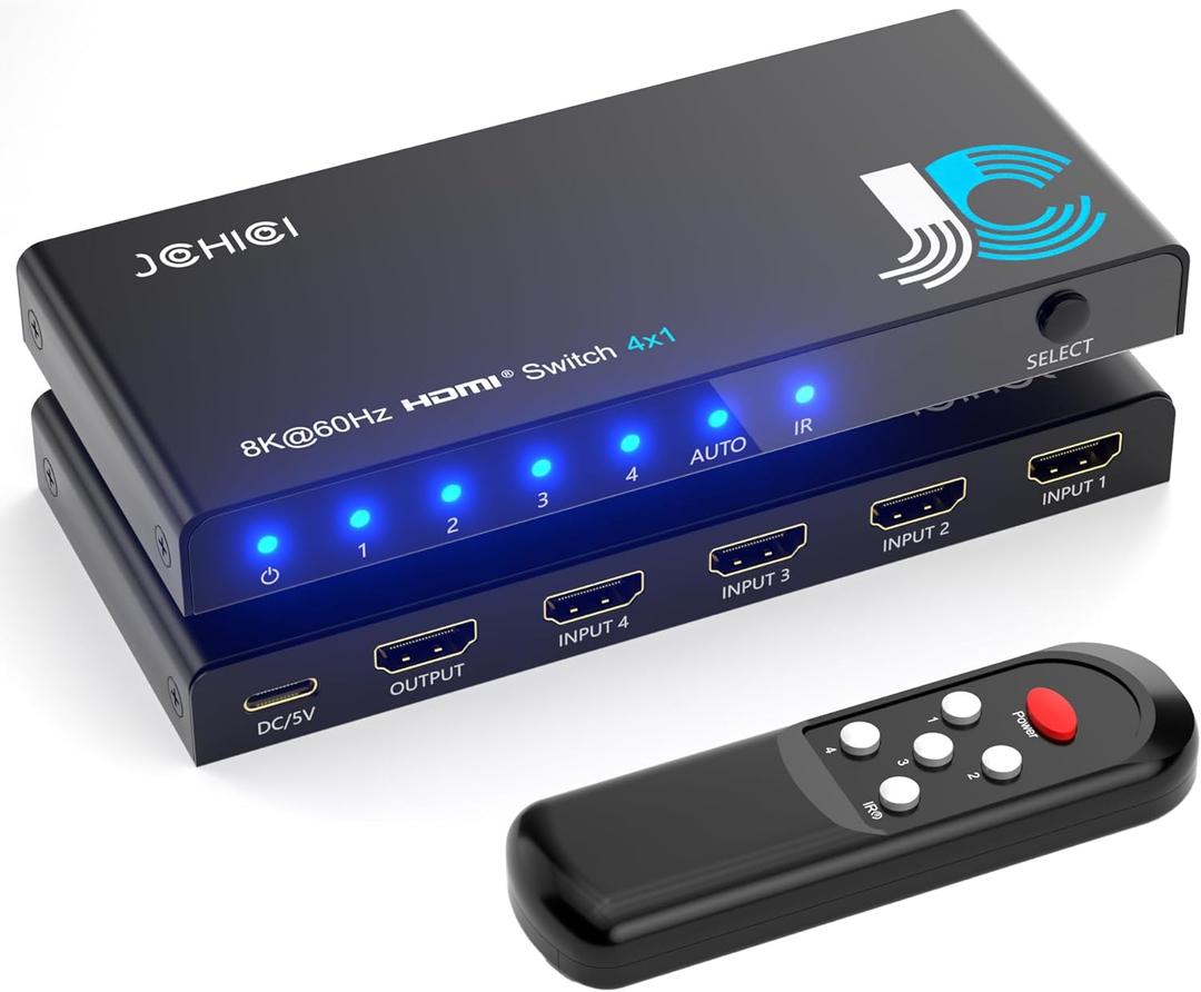 HDMI 2.1 Switch 4 in 1 Out 8K@60Hz 4K@120Hz, 4 Ports HDMI Switcher Splitter Selector with Remote, Support HDCP 2.3 HDR 10+ Dolby Vision/Atmos 48Gbps CEC for Apple TV Game PC PS Pro Xbox Roku