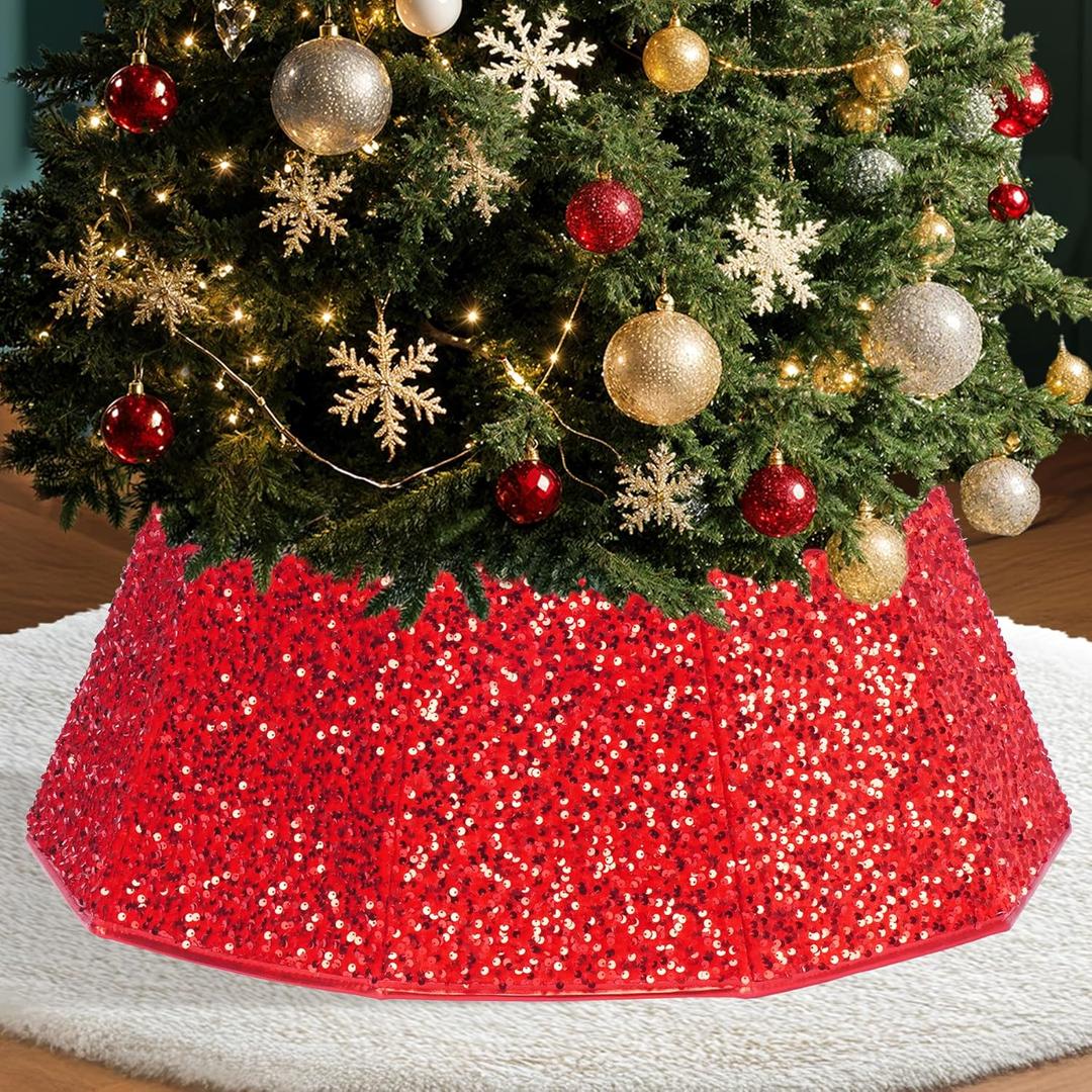 29 inch Decagonal Shape Christmas Tree Skirt - Sparkling Glitter Fabric, Foldable Design for Easy Setup & Storage for Christmas and Halloween Decoration Trees with a Height of Less Than 9 FT (Red)