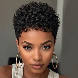 Short Curly Pixie Cut Wigs with Bangs Human Hair for Black Women Non Lace Full Machine Made Rose Net Cap Human Hair Pixie Wig Brazilian Virgin Glueless Bob Wig Human Hair Short Layered Wigs For Women (Natural Color)