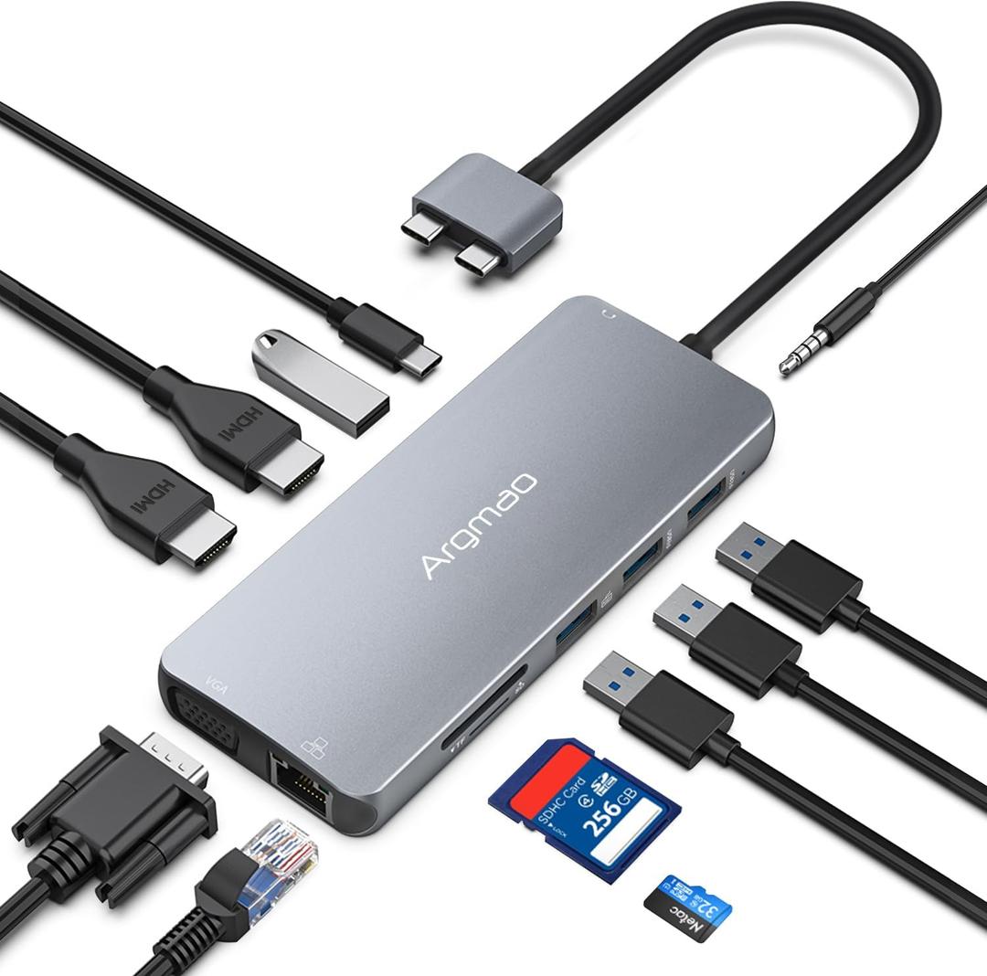 USB C Hub with Triple Different Display, 12-in-1 Dongle, USB-C PD3.0, 4K@30Hz HDMI, 3 USB 3.0, SD/TF Card Reader Adapter Compatible for MacBook Pro Air Mini