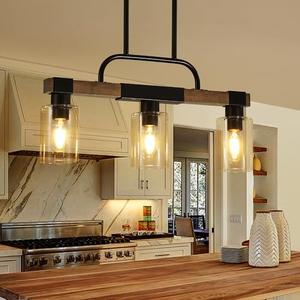 XvmBvm Farmhouse Dining Room Light Fixtures Over Table，Rustic Ceiling Pendant Lights Kitchen Island，3-Light Wood Kitchen Island Lighting Linear Chandelier with Clear Glass lampshade