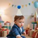 Birthday Party Hat with Number 6 month, Beige with Blue Pom Pom and Trim