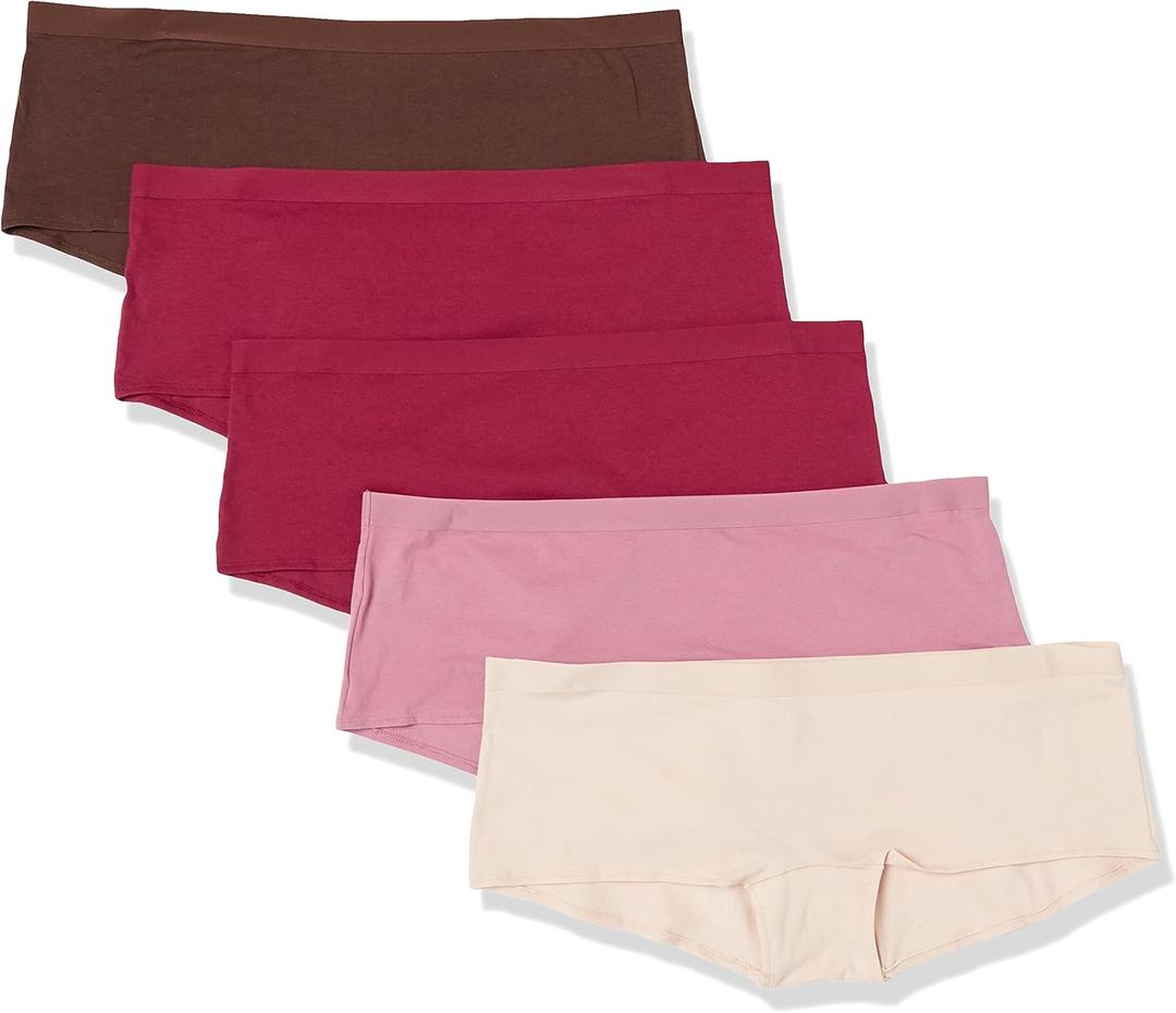 Amazon Essentials Women's Cotton Boyshort Underwear , Pack of 5 (Medium, Blush/Brown/Burgundy/Pink)