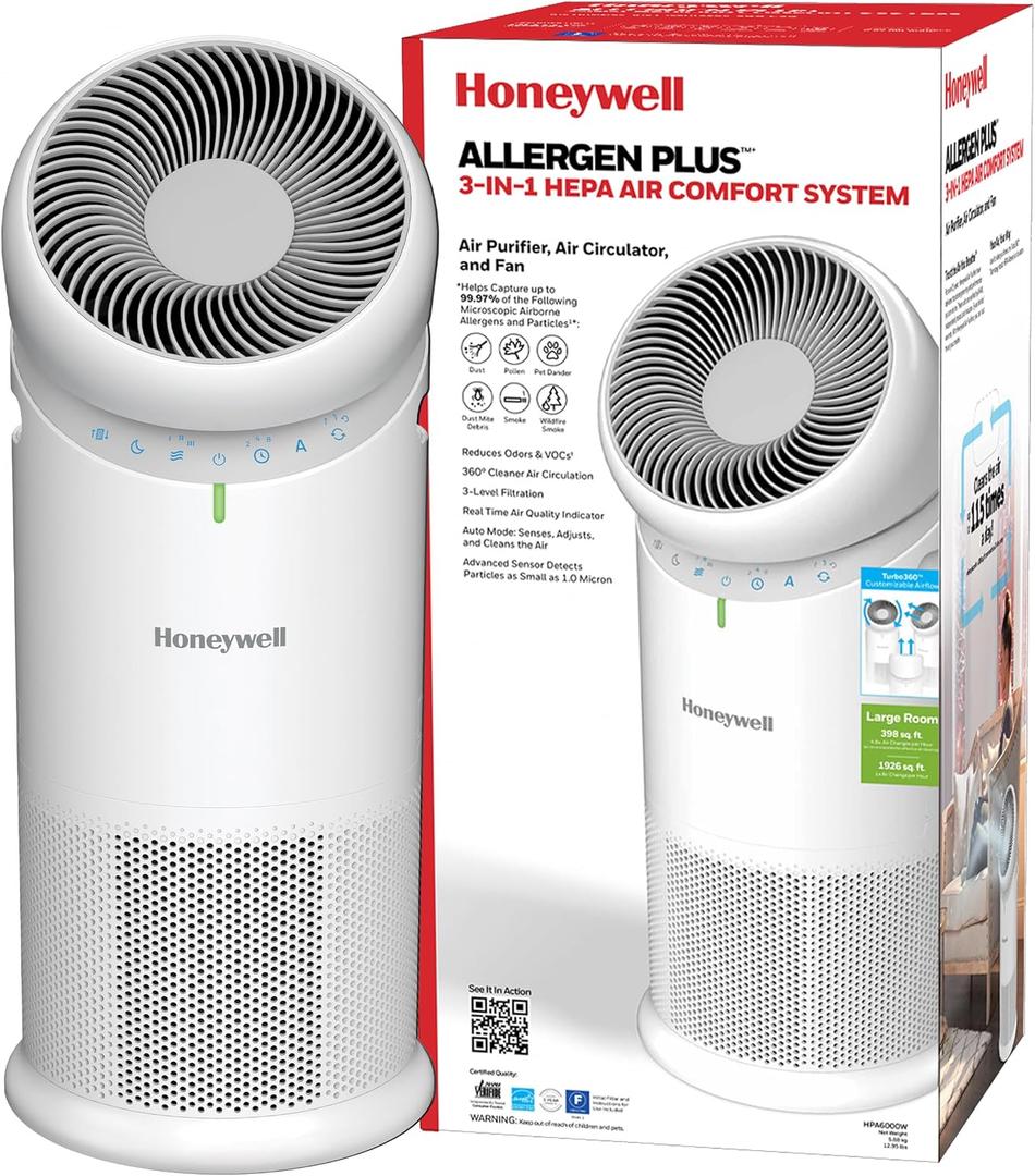 Honeywell Allergen Plus 3-in-1 HEPA Air Purifier for Home, Fan & Adjustable Airflow for Large Rooms up to 1928 Ft, Air Quality Sensor, Reduces Allergens, Pet Dander & Odors, HPA6000, White