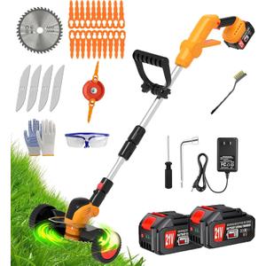 Electric Weed Wacker Cordless Battery Powered, Weed Cordless Eater with 2X 21V/4.0Ah Battery Operated & Wheels 3 Types Blades, 3 in 1 Stringless Grass Trimmer/Edger/Brush Cutter for Garden Yard Lawn