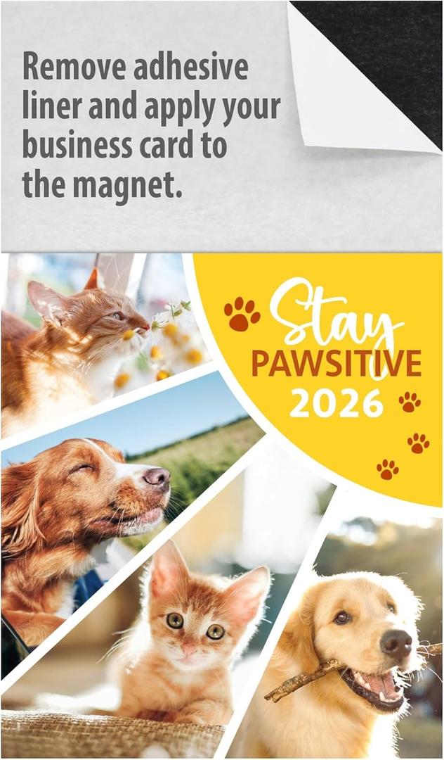 2026 Peel and Stick Magnetic Business Card Calendars, Box of 100, Includes Envelopes, Mail for 1oz Rate, Great Sales Marketing Tool (Furry Friends - 100 Pack)