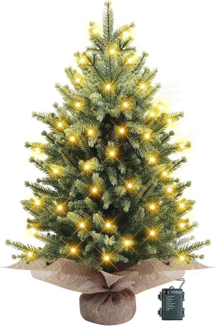 24 Inch Mini Tabletop Christmas Tree, Artificial Nordic Spruce Christmas Tree with 60 LED Light Beads and 100 PE Branch Tips Battery Powered for Home Office Xmas Decor