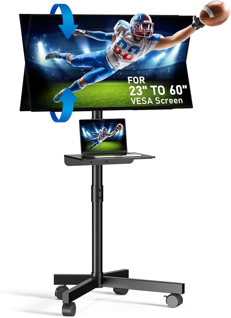 Mobile TV Stand for 23-60 Inch LCD LED OLED Flat Panel Curved Screen TVs up to 88 lbs, Tilt and Height Adjustable, Locking Rolling Wheels TV Cart with Shelf, Max VESA 400x400mm, Black
