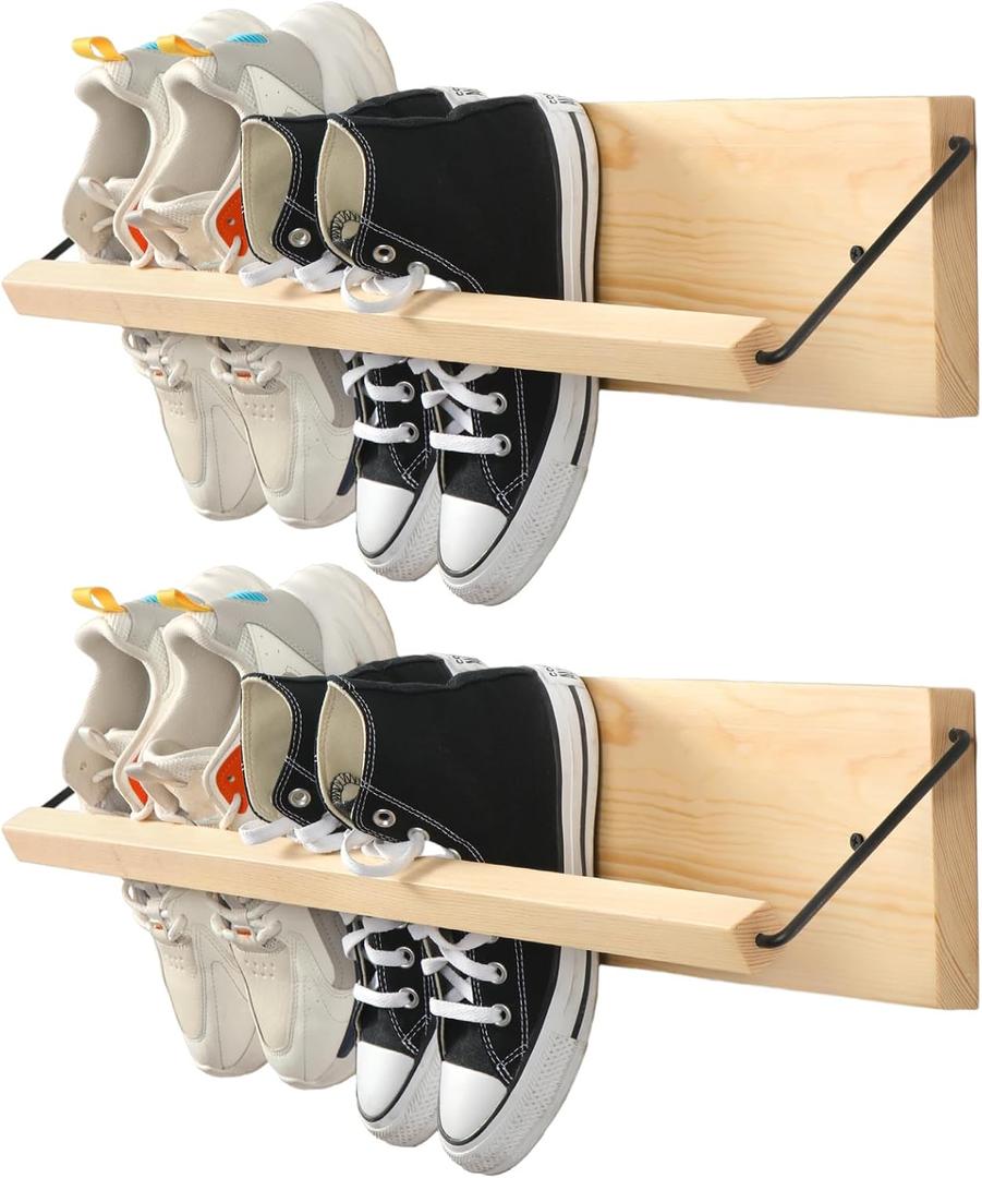 2 Pcs Wall Mounted Shoe Rack Storage Wooden, 28.35'' Long