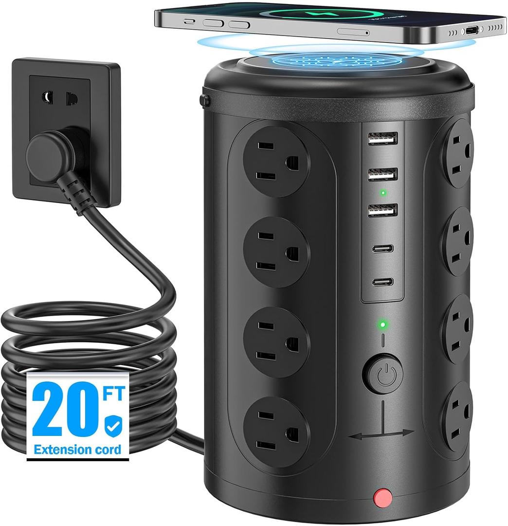 Tower Power Strip with 15W Wireless Charger, 20FT Extension Cord, 16 AC Outlets & 5 USB Ports (2 USB C)  Surge Protector for Office, Home, Dorm Room (Black)