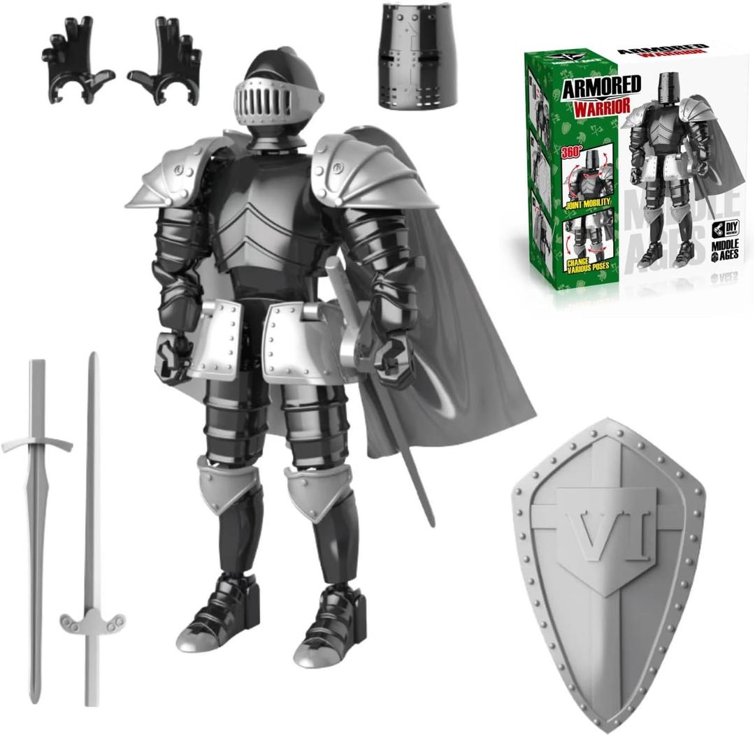 Medieval Knight Action Figure, Multi-Jointed Movable Knight Armor Figure with Weapons, Collectible Desktop Decor for History Enthusiasts & RPG Gamers, Assembly Required (Black+Silver)