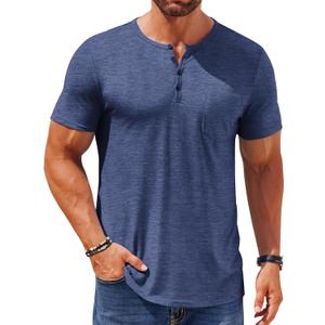 COOFANDY Mens Henley Shirts Short Sleeve Casual T Shirt Plain Slim Fit Henley Stylish Summer Tee Shirts with Pocket (Large, Blue2)