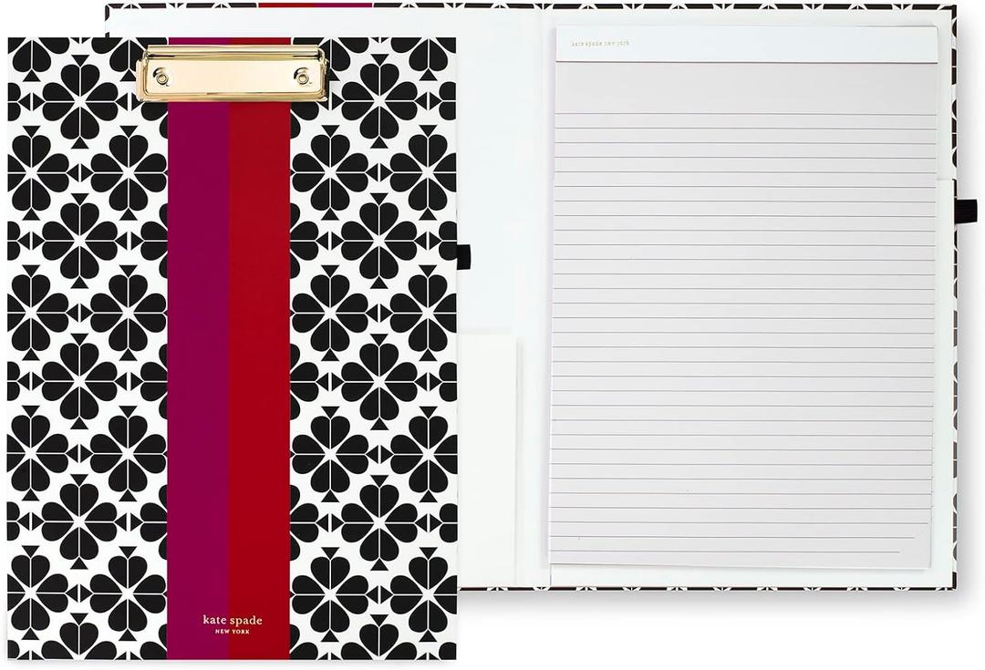 Kate Spade New York A4 Clipboard Folio with Low Profile Clip, Professional Padfolio Includes Lined Notepad, Pen Loop, and Pocket, Black Spade Flower