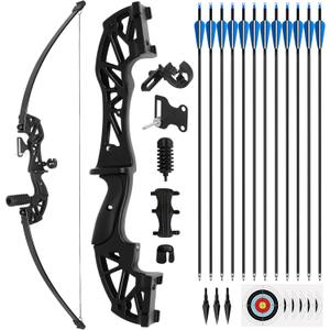30lb Recurve Bow and Arrow Set, Black Right Hand Archery Bow, Contains 12 Arrows, Suitable for Beginners to Practice